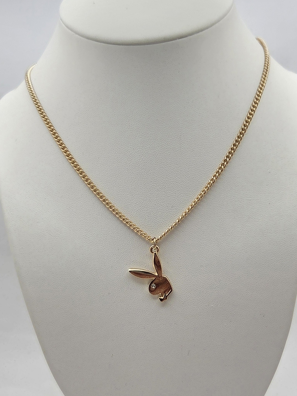 Playboy Bunny Rhinestone Pendant Necklace Gold Tone Adjustable 17-21" Y2K